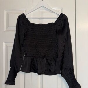She + Sky Black Smocked Blouse